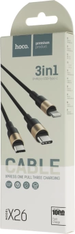 Кабель Hoco X26 Xpress one 80275 USB (m)-Lightning (m)/USB Type-C (m)/micro USB (m) 1м черный/золотистый