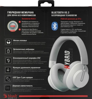 Наушники накладные A4Tech Bloody MH390 белый беспроводные bluetooth оголовье (MH390 WHITE)
