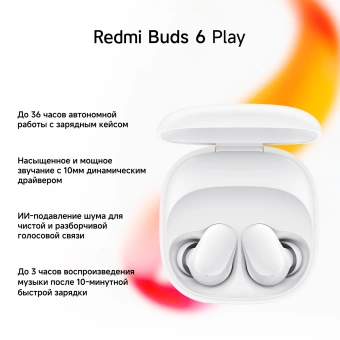 Гарнитура внутриканальные Xiaomi Redmi Buds 6 Play белый беспроводные bluetooth в ушной раковине (BHR8773GL)
