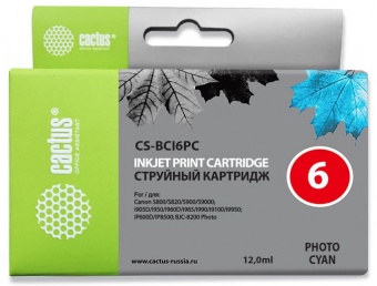 Картридж струйный Cactus CS-BCI6PC светло-голубой (12мл) для Canon BJC-8200; PIXMA MP750/ MP760/ MP780/ iP4000/ iP5000/ iP6000D/ iP8500; S800/ S820D/ S830D/ S900/ S9000/ i865/ i905D/ i9100/ i950/ i965/ i990/ i9900/ i9950