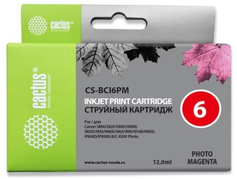 Картридж струйный Cactus CS-BCI6PM светло-пурпурный (12мл) для Canon BJC-8200/MP750/MP760/MP780/iP4000/iP5000/iP6000D/iP8500/S800/S820D/S830D/S900/S9000/i865/i905D/i9100/i950/i965/i990/i9900/i9951