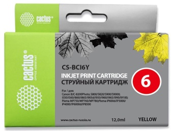 Картридж струйный Cactus CS-BCI6Y желтый (12мл) для Canon S800/S820/S900/S9000/i550/i560/i860/i865/i905D/i950S/i960x/i965/i990/i9100/i9950/JX500/MP750/MP760/iP600D/iP3000/iP600D/iP8500/BJC-8200